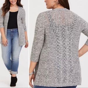 Torrid Grey Open knit sweater cardigan crochet back.